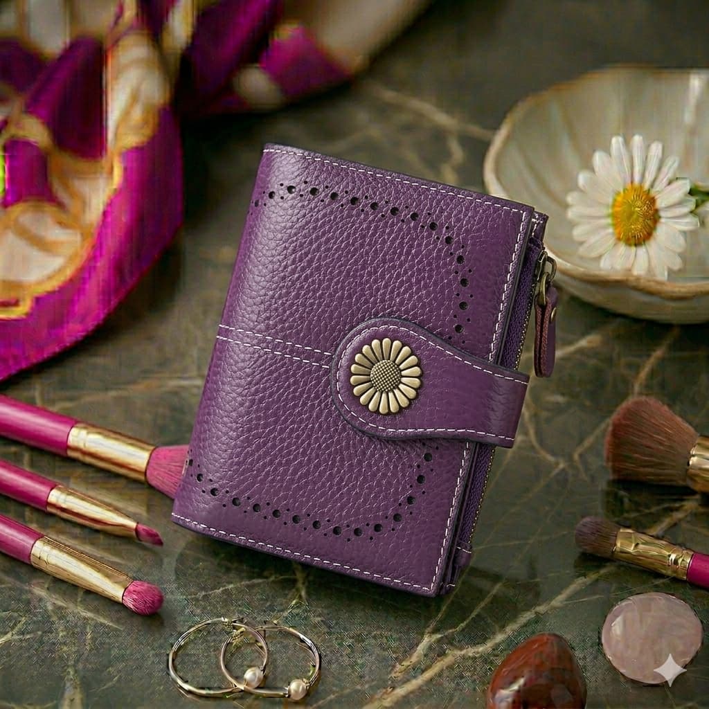 Billetera Morada Pequeña Cuero Genuino