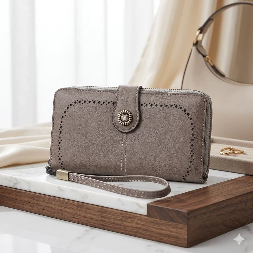 Billetera para Mujer Gris. Cuero Sintético