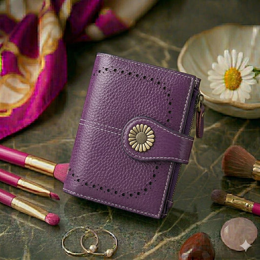 Billetera Morada Pequeña Cuero Genuino